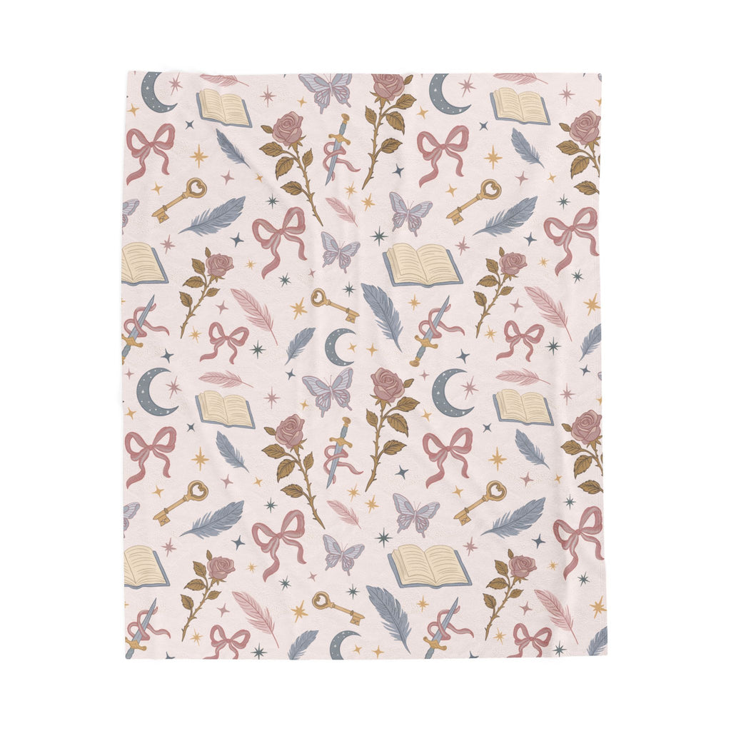 Magical Bookish Velveteen Plush Blanket — Moon, Keys & Floral Cozy Throw