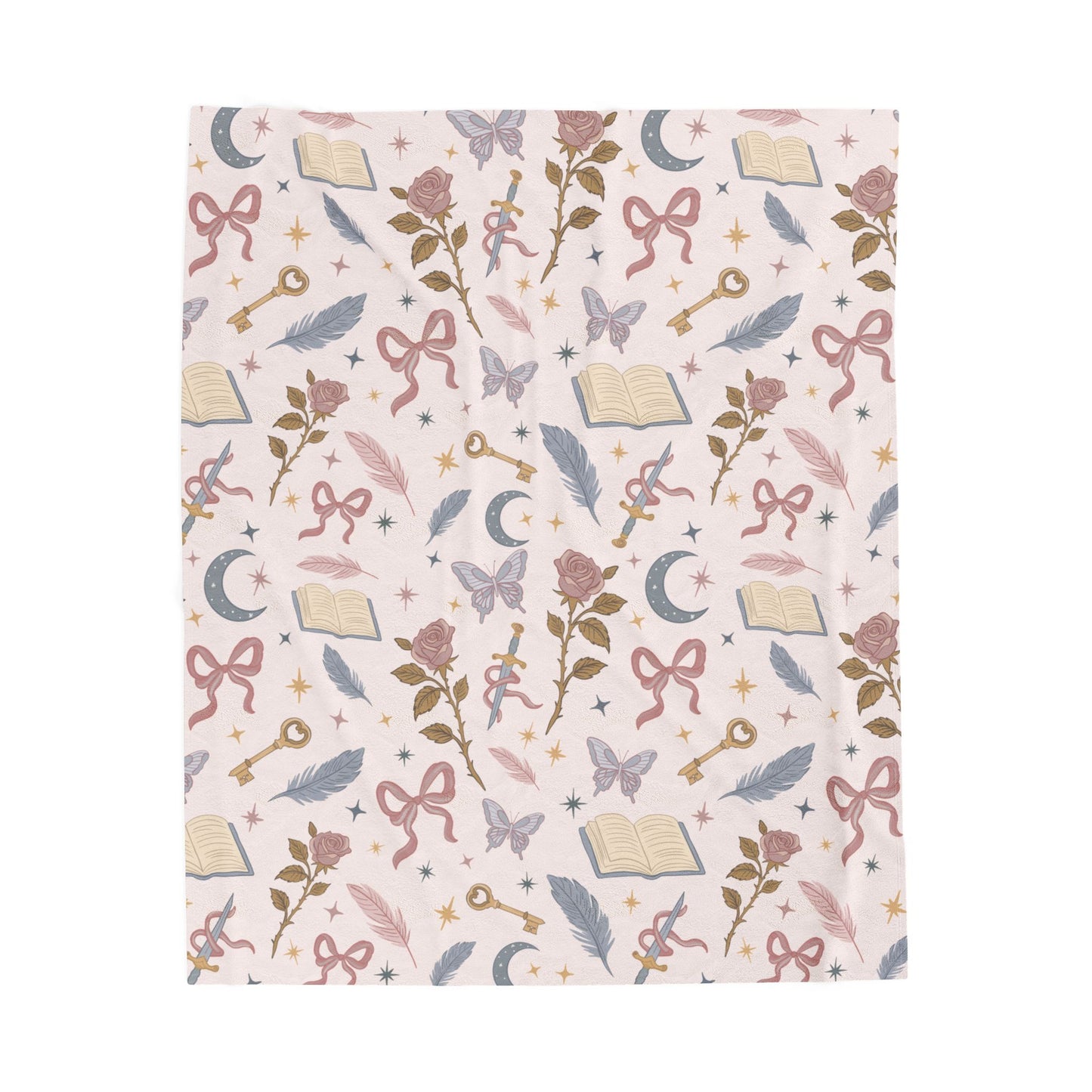 Magical Bookish Velveteen Plush Blanket — Moon, Keys & Floral Cozy Throw