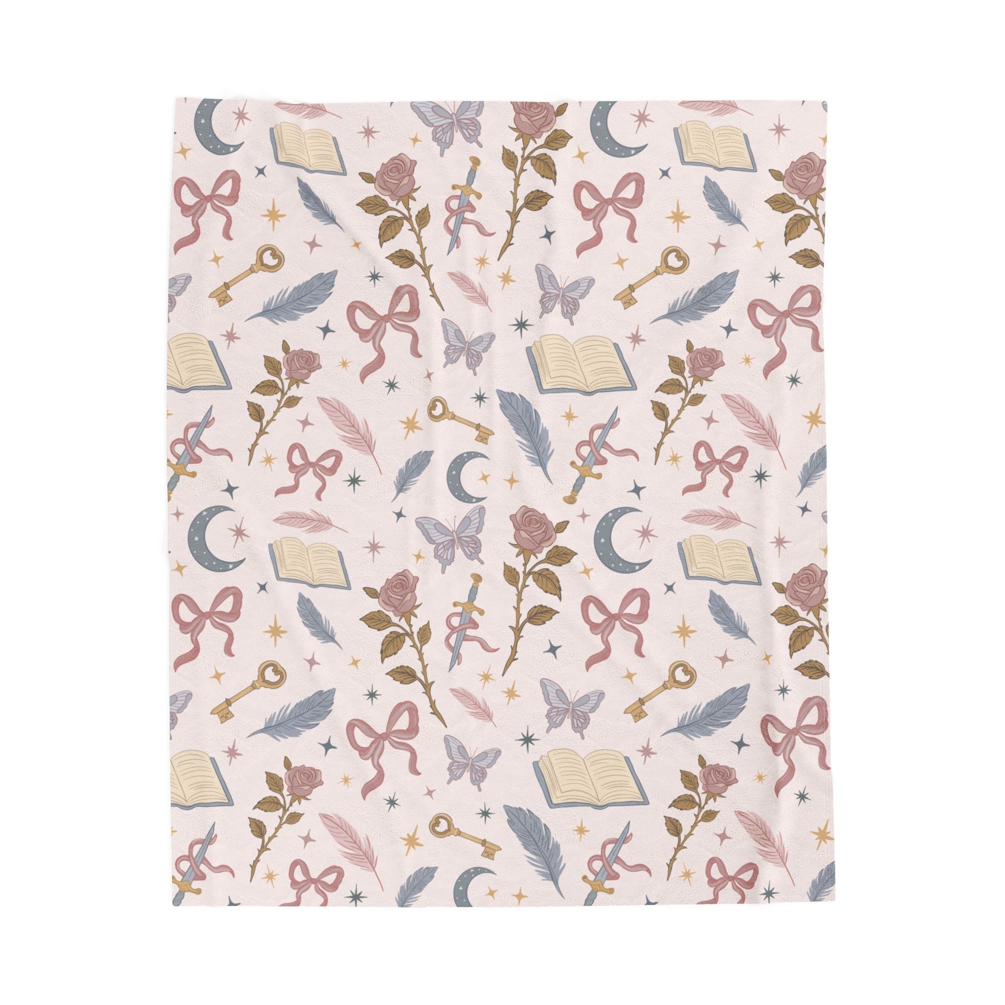 Magical Bookish Velveteen Plush Blanket — Moon, Keys & Floral Cozy Throw