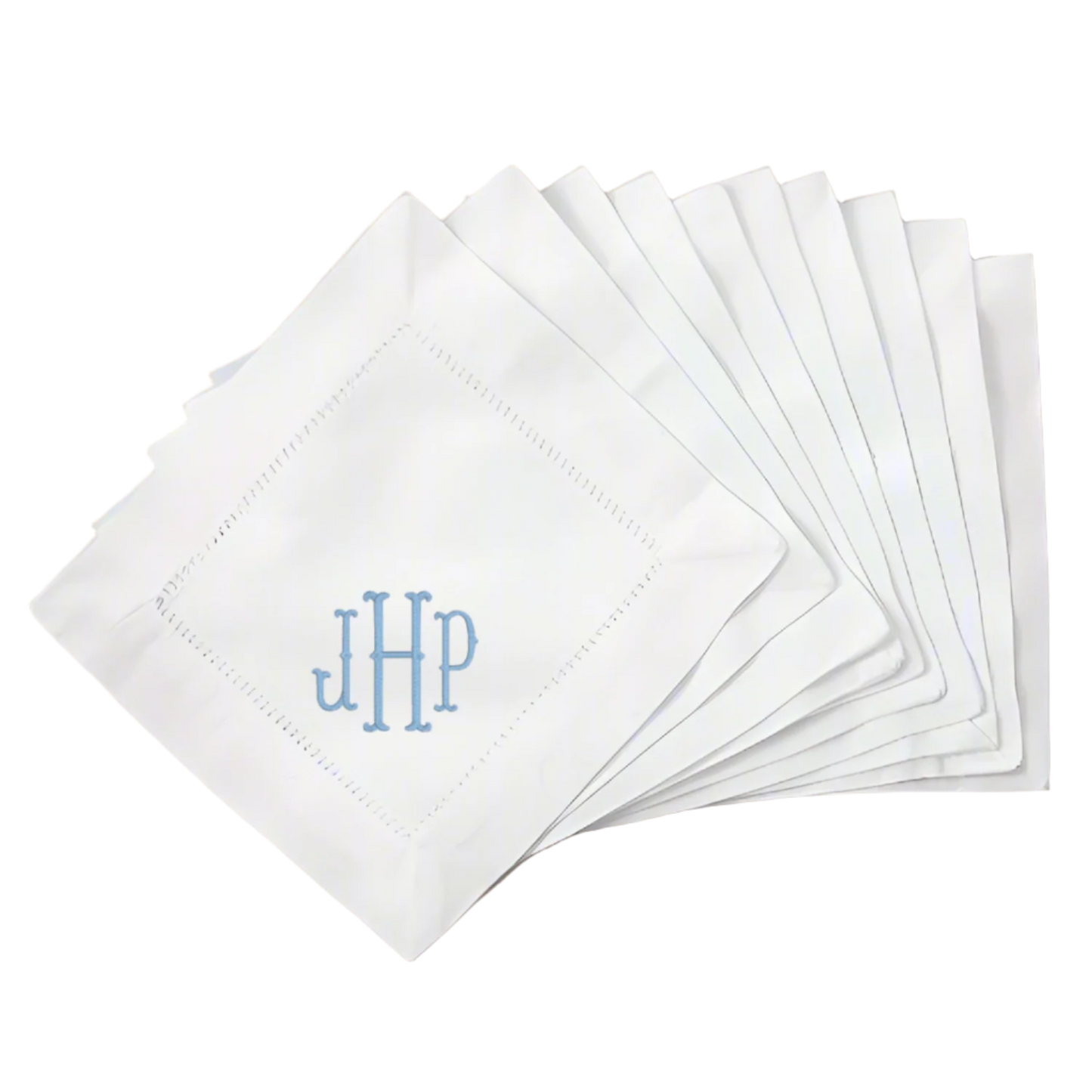Monogram White Linen Hemstitch Cocktail Napkins Set of 4