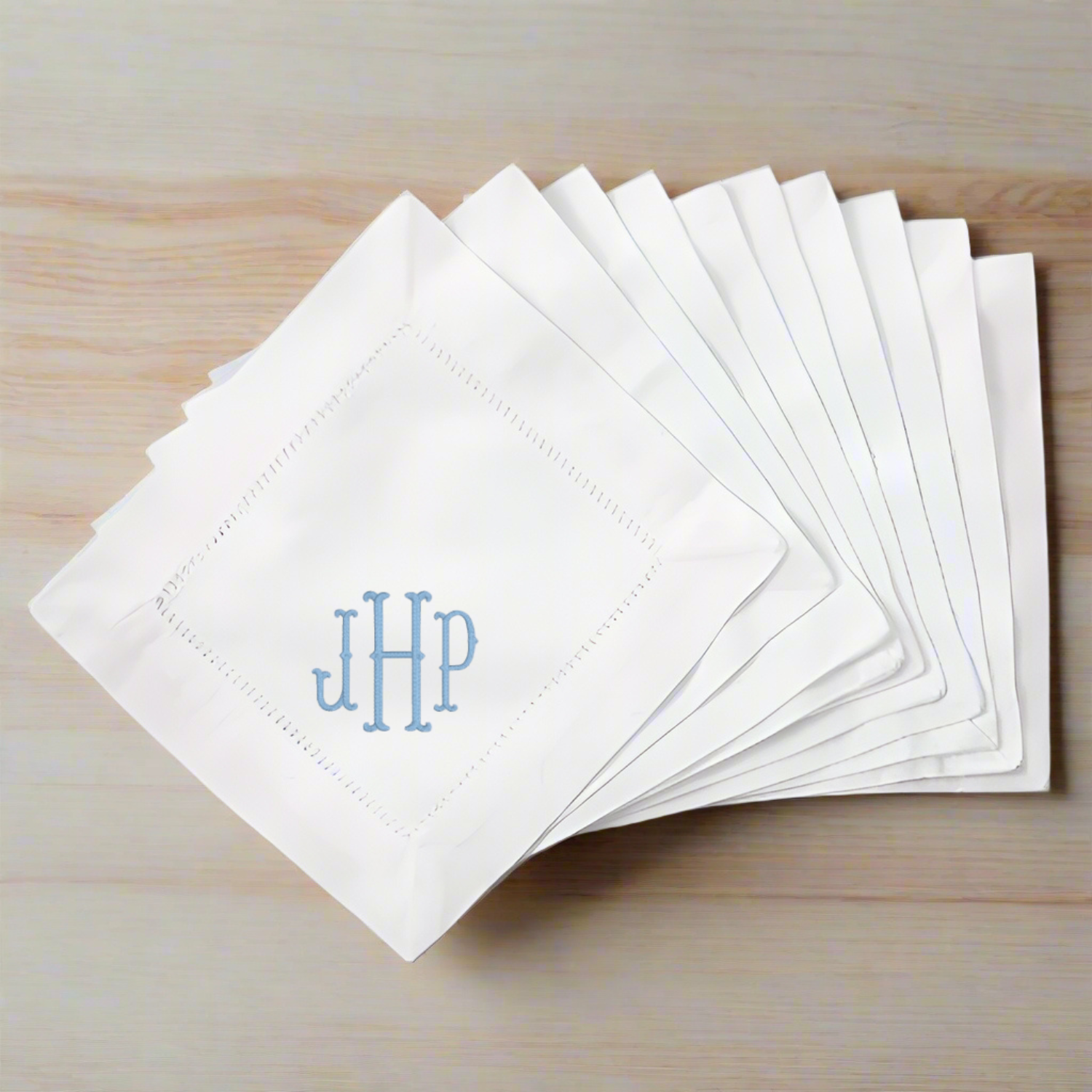 Monogram White Hemstitch Linen Cocktail Napkins Set of 4