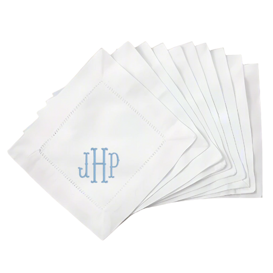 Monogram White Linen Hemstitch Cocktail Napkins Set of 4