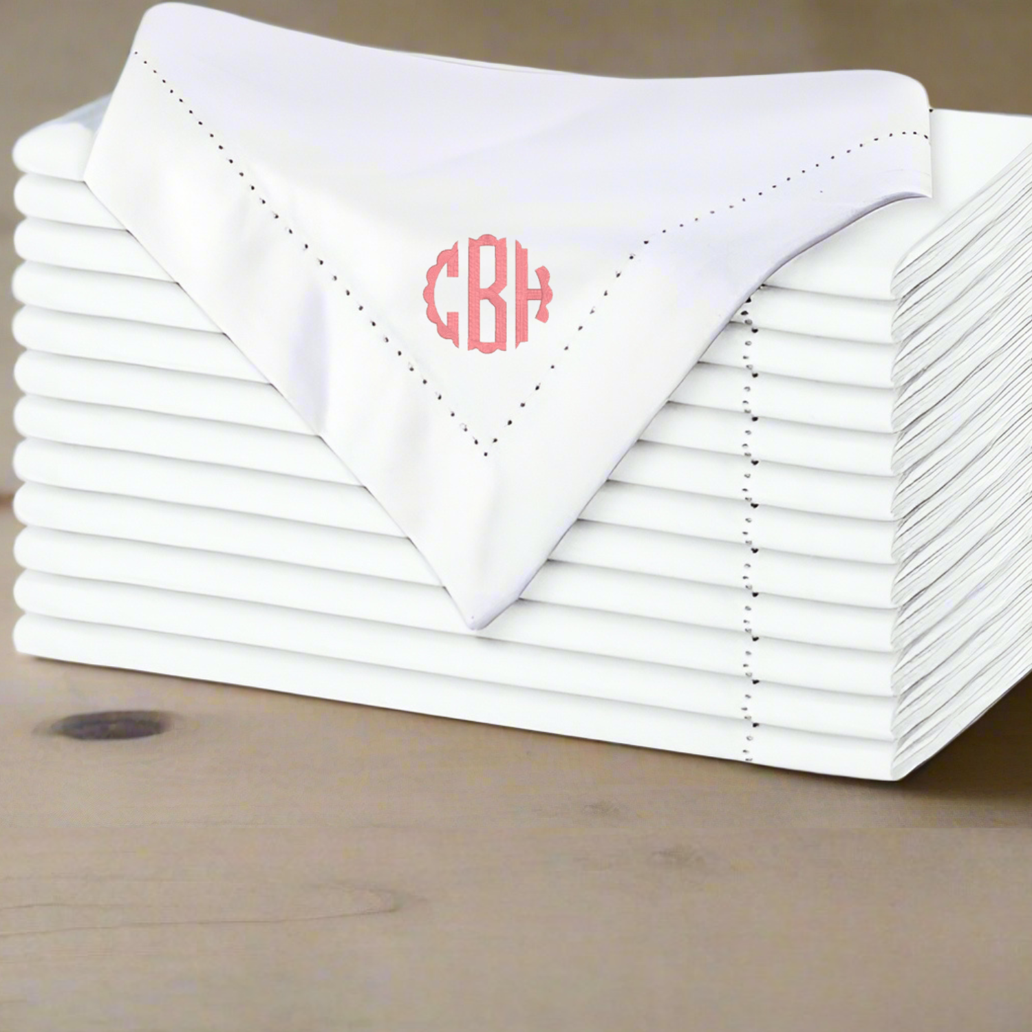 Monogram White Linen Hemstitch Table Napkins Set of 4