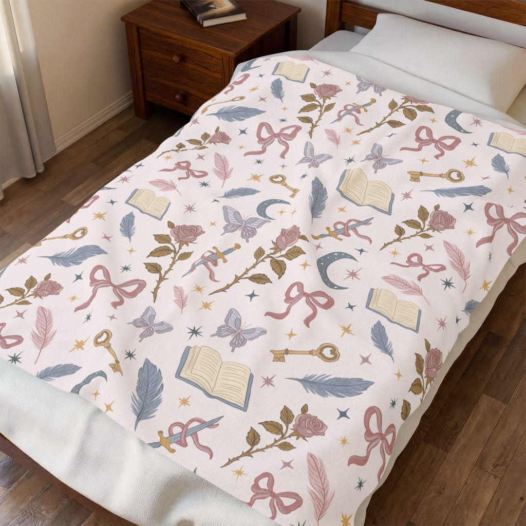 Magical Bookish Velveteen Plush Blanket — Moon, Keys & Floral Cozy Throw