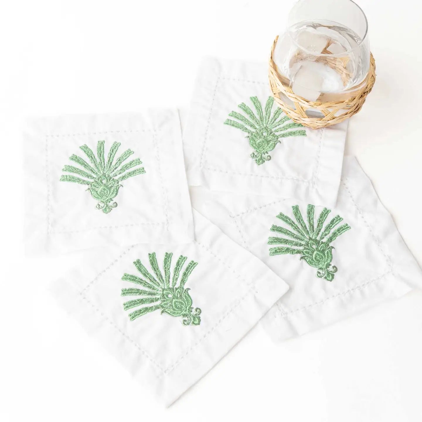 Green Deco Palm Embroidered White Linen Hemstitch Cocktail Napkins Set of 4