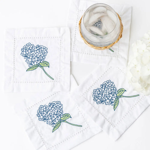 Blue Hydrangea Embroidered White Linen Hemstitch Cocktail Napkins Set of 4