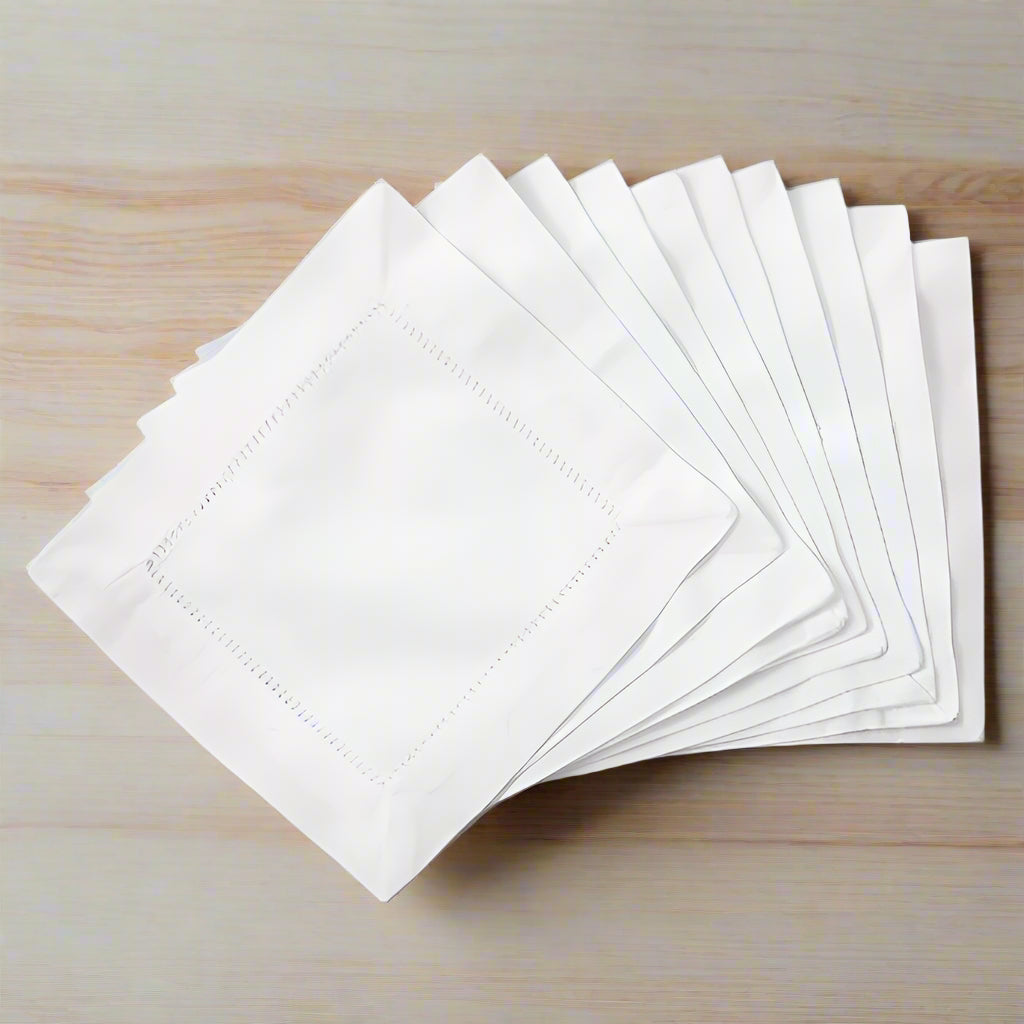 Monogram White Hemstitch Linen Cocktail Napkins Set of 4