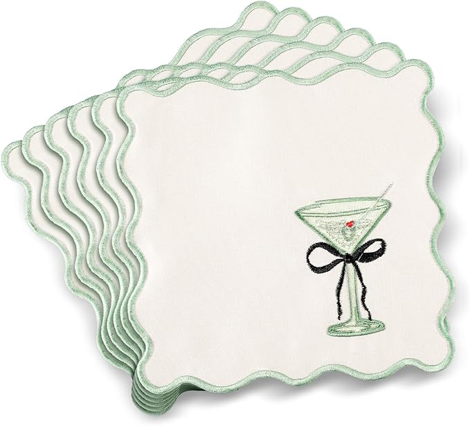 Embroidered Green Scalloped Ivory Cocktail Napkins with Martini Glass - Set of 6