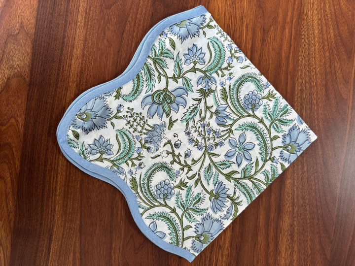100% Cotton Turquoise Green Indian Floral Hand Block Printed Cloth Napkins 20X20 Inch Napkins Piping for Wedding Party Uses