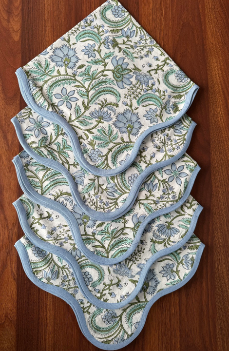100% Cotton Turquoise Green Indian Floral Hand Block Printed Cloth Napkins 20X20 Inch Napkins Piping for Wedding Party Uses