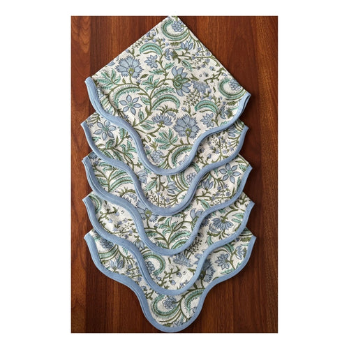 100% Cotton Turquoise Green Indian Floral Hand Block Printed Cloth Napkins 20X20 Inch Napkins Piping for Wedding Party Uses