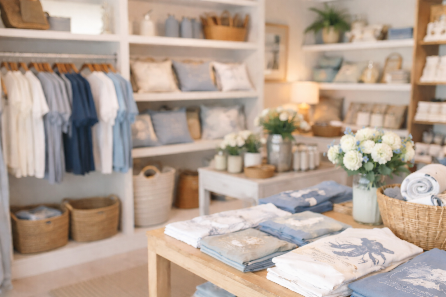 Store interior with clothing and home decor items on shelves and tables.