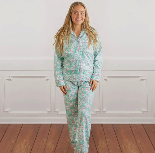 Aqua & Pink Mahjong Cotton Pajamas Set