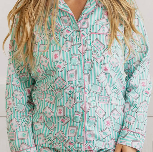 Aqua & Pink Mahjong Cotton Pajamas Set