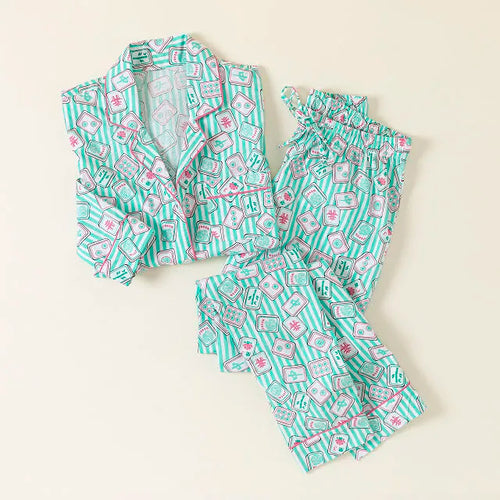 Aqua & Pink Mahjong Cotton Pajamas Set