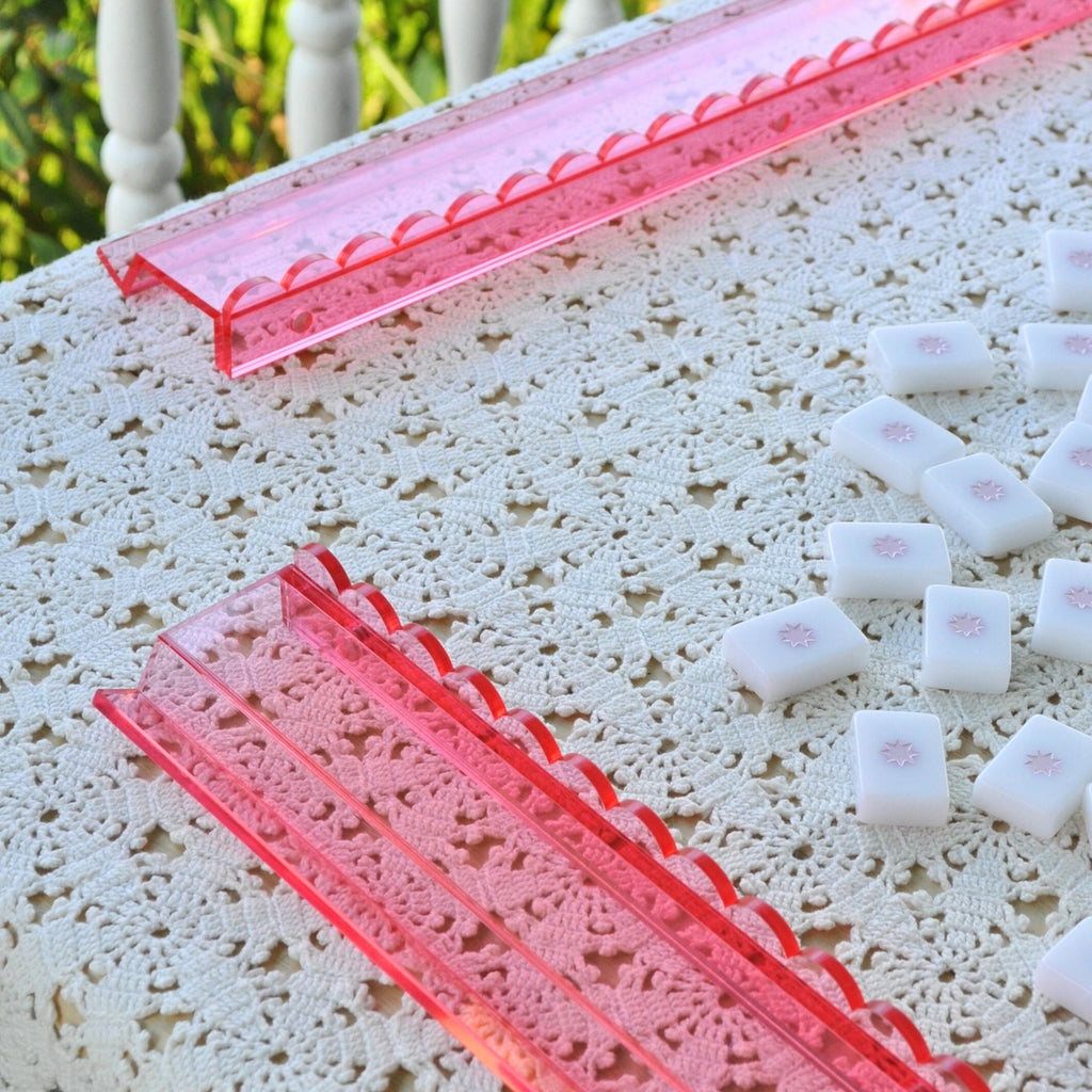 Rose Pink Transparent Scalloped Lucite Mahjong Racks and Magnetic Pushers - 20”