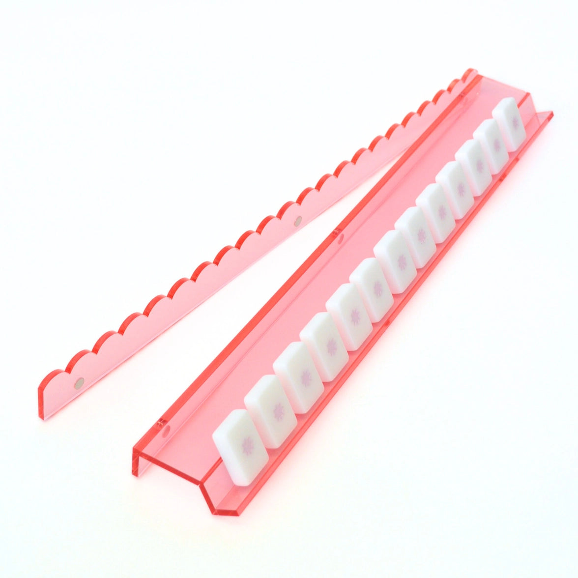 Rose Pink Transparent Scalloped Lucite Mahjong Racks and Magnetic Pushers - 20”