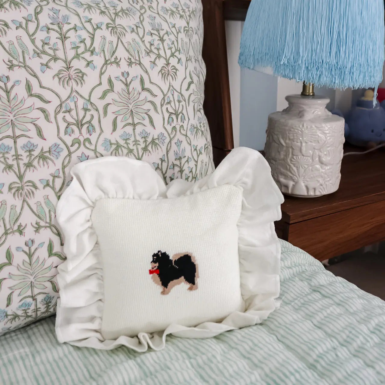 Southern Pom Needlepoint Pillow in White